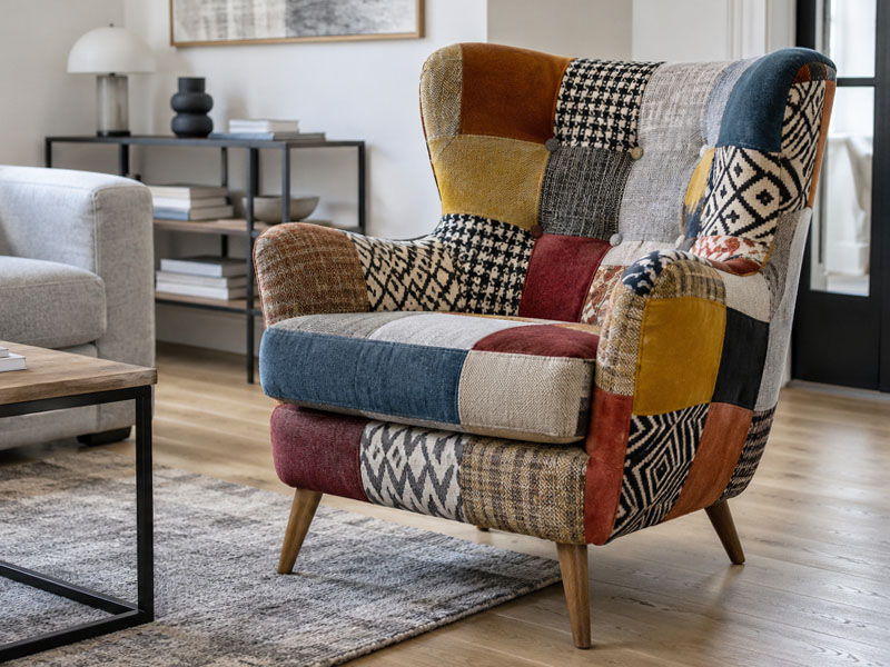 Fotel patchwork w salonie z szarą sofą