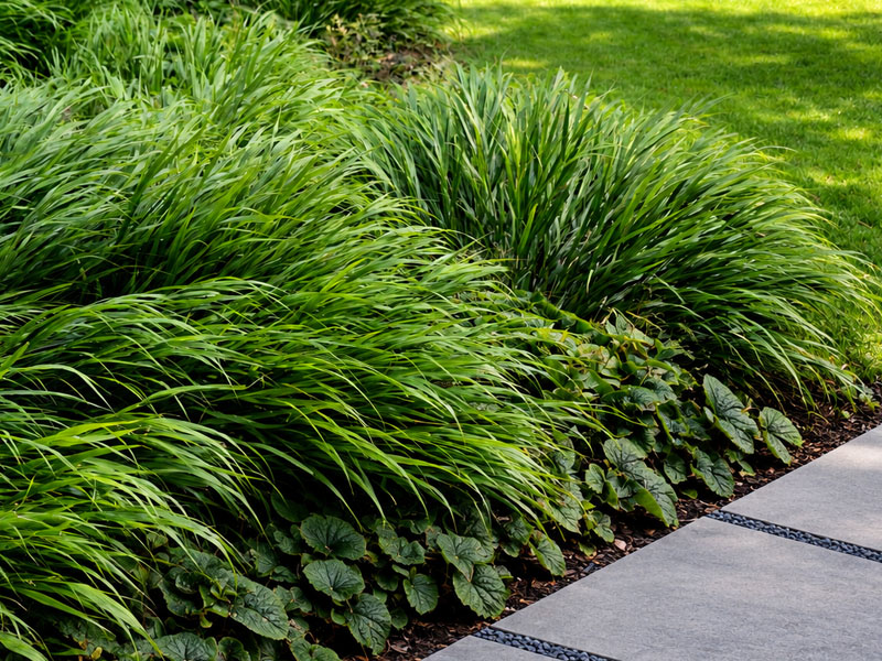 Hakonechloa przy ścieżce ogrodowej