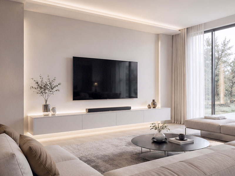 Minimalistyczna ściana TV w jasnym salonie