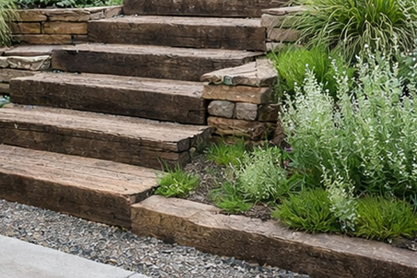 Podkłady kolejowe jako schody w ogrodzie