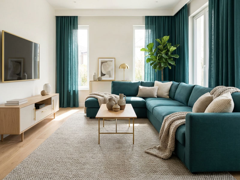 Modny salon w palecie spokojny teal