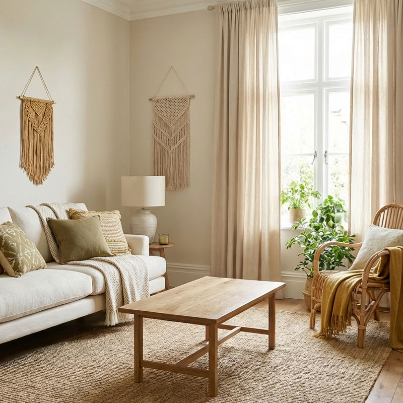Salon w stylu boho w naturalnej kolorystyce