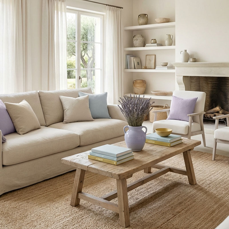 Salon w stylu prowansalskim w jasnej kolorystyce