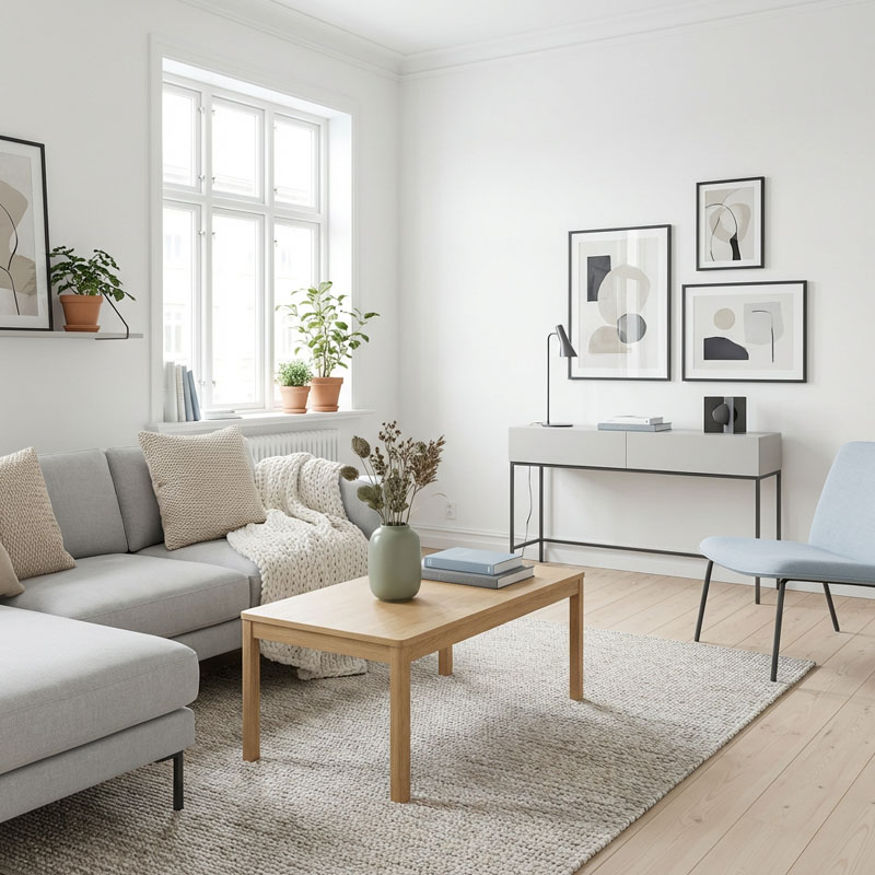 Salon w stylu skandynawskim w jasnej kolorystyce