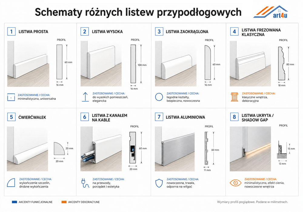 Schematy różnych listew przypodłogowych