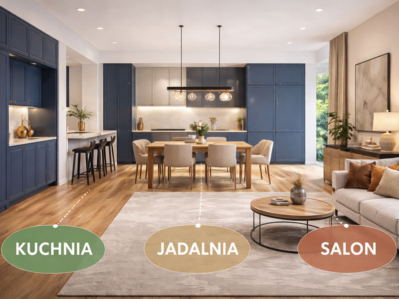 Strefowanie wnętrza na kuchnię, jadalnię i salon